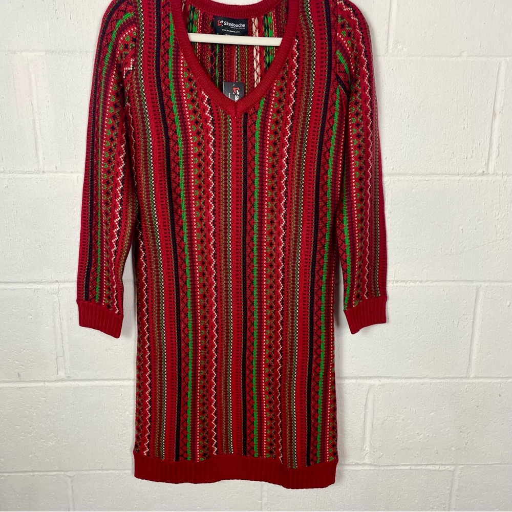Skedouche The Kosby Ugly Christmas Dress Wool Blend V-Neck Red/Green Stripe M